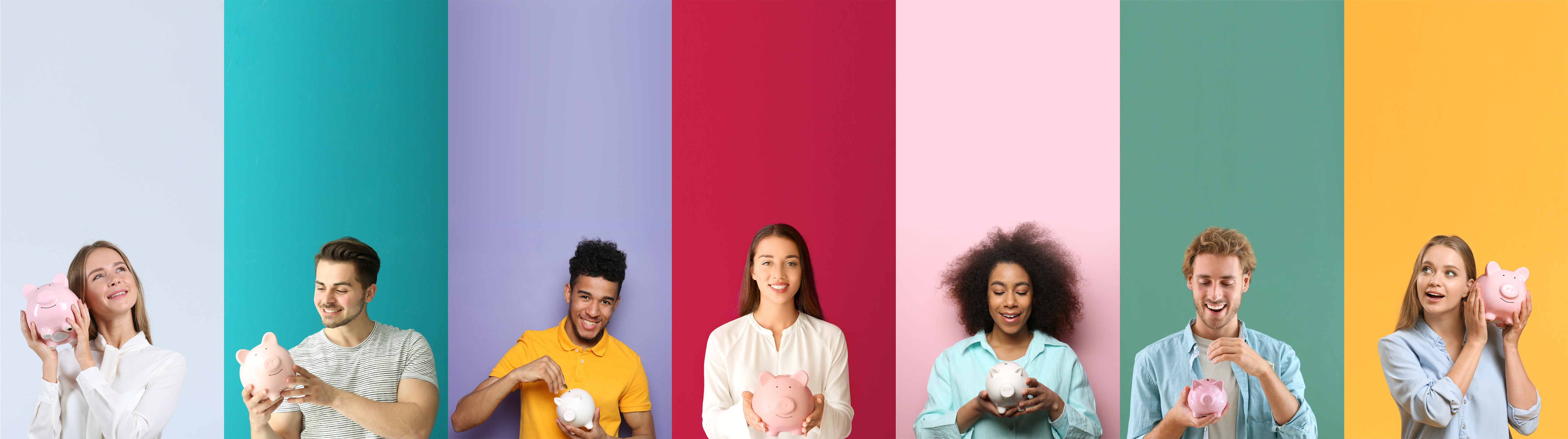 people with piggy savings bank, diverse group of people